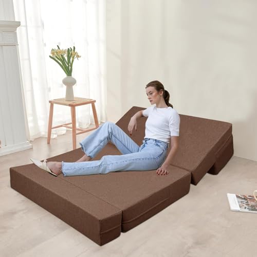 Image of Rosebell 3 Seater Foldable Sofa Cum Bed | 5x6 feet Jute Fabric with Washable Cover & 3 Printed Cushion | Multipurpose Sofa Bed for Living Room - Brown Color