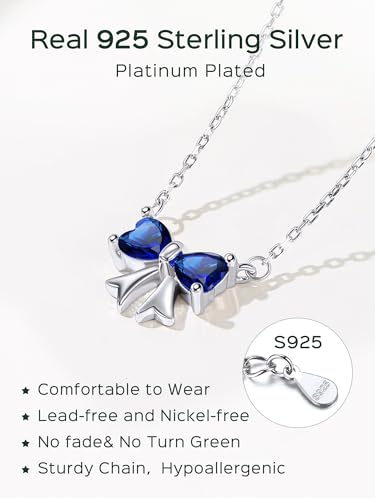ChicSilver Bow Birthstone Necklace, 925 Sterling Silver Pendant Necklaces for Women, Hypoallergenic Silver Choker with 16 inch Rolo Chain, 12 Months Jewelry for Valentines Mothers Day Christmas3