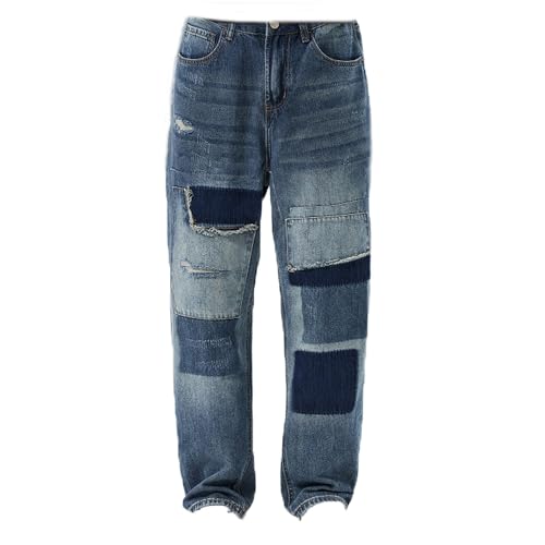 Mens Light Ripped Baggy Jeans Frayed Hem Destroyed Denim Pant Casual 90's Hip Hop Cowboy Trousers