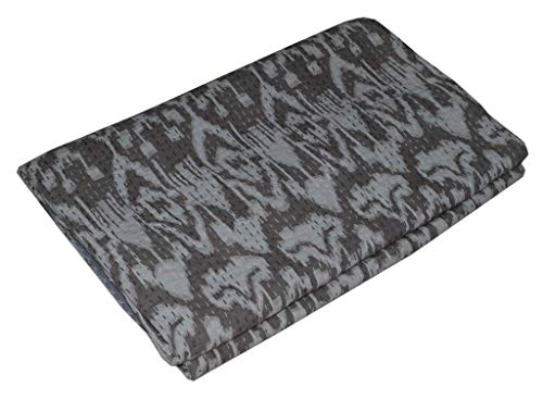 YUVANCRAFTS Indian Traditional Kantha Quilt Handmade Pure Cotton Ikat Printed Kantha Quilt Queen Blanket Bedspreads Throw