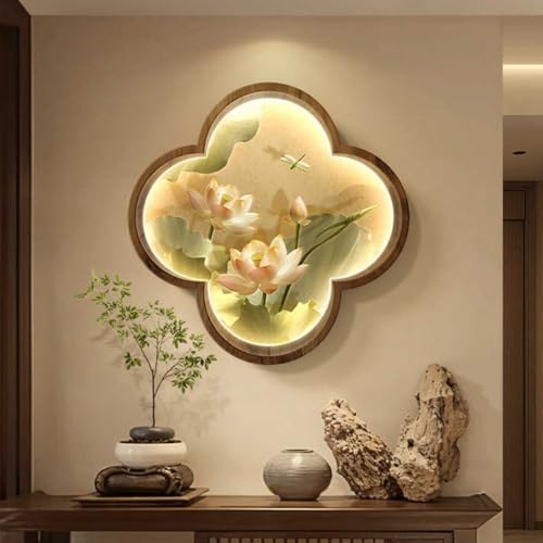 ライト付き砂岩壁装飾、3D壁アート装飾、LED装飾吊り下げ絵画、蓮の花中国絵画、家の玄関、廊下、寝室、廊下用(D,50*50cm)