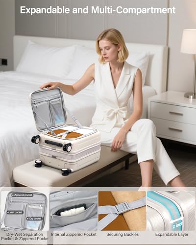 Image of Hanke 45cm Expandable Mini Cabin Trolley Bags, Hard Shell Polycarbonate Top Opening Suitcase, 8 Silent Spinner Wheels, Lightweight Carry On Luggage for Daily Commute & Short Travel,Ivory White