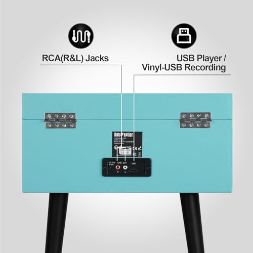 Standing Record Player with Legs, 3 Speed Vinyl LP Player Bluetooth Vintage Turntable with Built-in Speakers USB Input& Recorder, RCA Out, AUX in, Turquoise - Les Beatles, Paul McCartney, John Lennon, RIngo Starr, George Harrison Standing Record Player with Legs, 3 Speed Vinyl LP Player Bluetooth Vintage Turntable with Built-in Speakers USB Input& Recorder, RCA Out, AUX in, Turquoise – Image 7