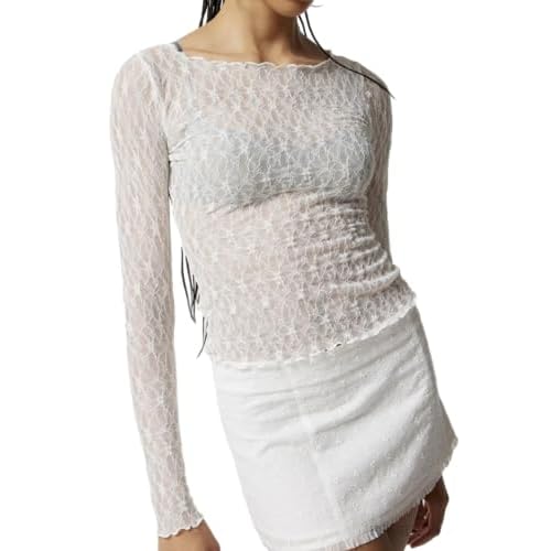 PAODIKUAI Women's Mesh Top Crew Neck Lace Tops See Through Shirt Sheer Top Sexy Blouses lace Layering top Large White