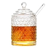 Iyulania Glass Honey Jar with Lid and Dipper, Honeycomb-Inspired Design Container, Heavy Honey Pot for Home Kitchen (10 oz)