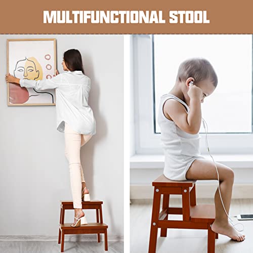 Houchics Wooden Step Stool For Adults Kids, Solid Wood Bed Step Stool, Multi-Purpose 2-Step Stool For Kitchen, Bed, Bathroom With 260Lb Load Capacity #TOP3