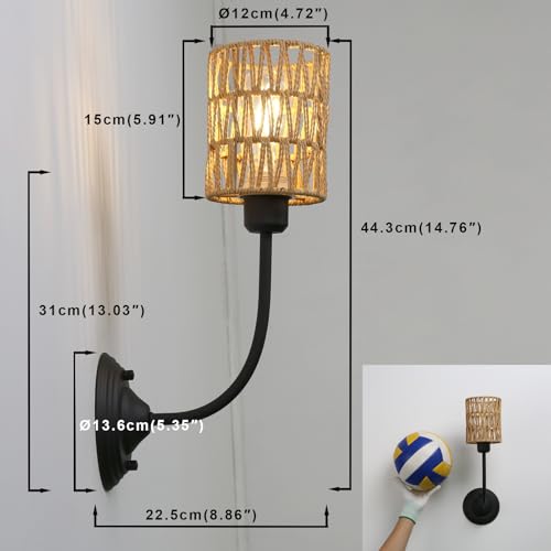 Image of Yosoan Set of 2 Rattan Boho Wrapped Wall Sconce Light, Indoor Hardwired Gold Hand-Woven Farmhouse Vintage Lamps, Brass Braided Rope Shade Wall Mount Fixture for Reading Bedroom(Black)