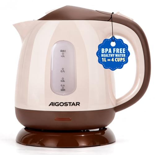 Aigostar Hervidor Agua Electrico Pequeño 1 Litros Marrón - Hervidor de Agua Portatil & Compacto 1100 W, Para Acampar & Viajar, Hervido Rápido, Apagado Automático, Fácil de Limpiar, Sin BPA
