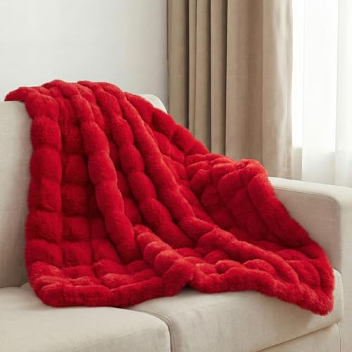 Leximan Cozy Faux Fur Throw Blanket for Couch Reversible Plush Fluffy Decorative Bubble Throw for Sofa and Living Room Soft Lap Blanket for Bed Dog & Cat (Red 40x50)
