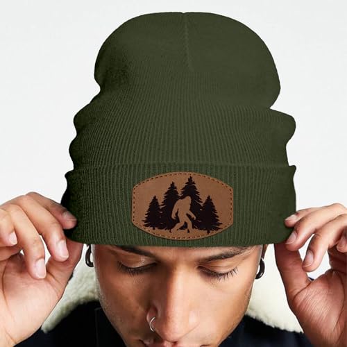 Image of Big Foot Beanie Hat, Sasquatch Leather Patch Winter Knit Skull Cap Bigfoot Gifts for Adult Men Women