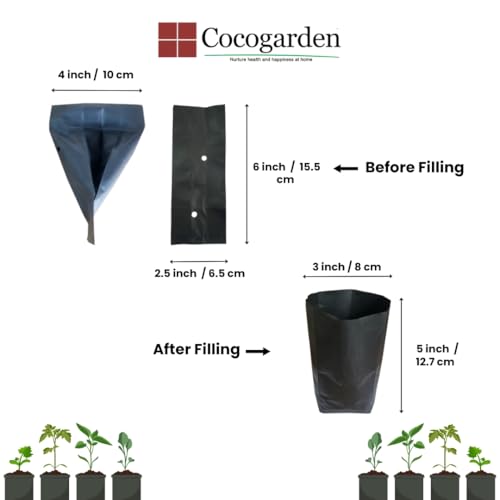 Image of cocogarden Plastic UV Protected Poly Grow Bag for Seedling Nursery Cover Plant Bags (Black, 4 x 6 inch) - Pack of 10 | for Terrace and Balcony Gardening, Kitchen Vegetable and Flowering Plants