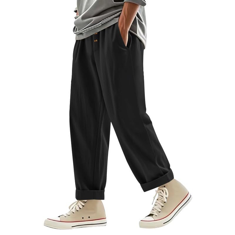 Men's Linen Pants Button Drawstring Elastic Waist Sweatpants Lightweight Beach Yoga Trousers with Pockets3