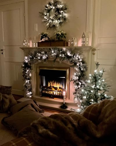 Festone Natalizio Artificiale Innevato Con Luci Led 180 Cm Decorazione Da Parete Bianco - 9