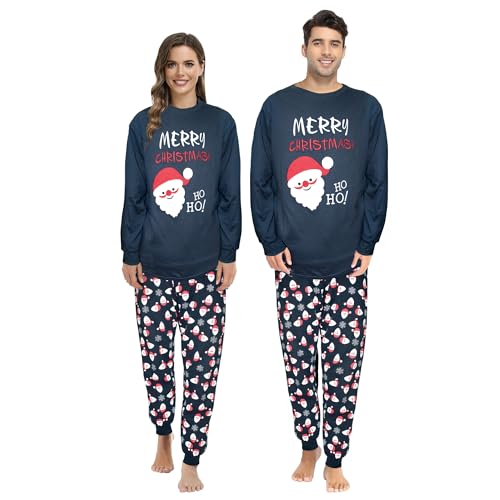 ELUTONG Pijama de algodón de manga larga con diseño de Papá Noel, para hombre y mujer, color azul marino o rojo, 02# Mujer Nany Azul, M