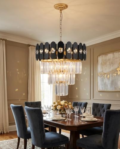 Image of Crystal Chandeliers Black Gold K9 Crystal 3 Tier Round Crystal Chandelier Ceiling Light Fixture for Living Room and Hallway (14 inch)