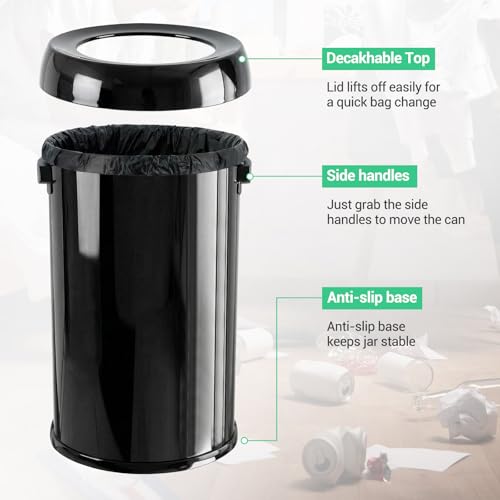 Image of Garvee 17 Gal /65 L Round Trash Can, Stainless Steel Open Top Garbage Can for Kitchen, Heavy Duty Commercial Trash Bin for Restaurant Home Office, Gloss Black | Stainless Steel Swing Top Garbage Can, Large Capacity Waste Bin for Kitchen Restaurant Home Office, Gloss Black