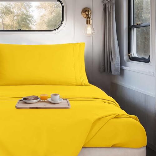 Image of Nestl Yellow Short Queen Sheets for RV, Hotel Luxury RV Queen Sheets Set, 4 Piece Fitted Bed Sheet Set and Pillowcases, Super Soft, Wrinkle-Free, and Breathable Camper Bedding
