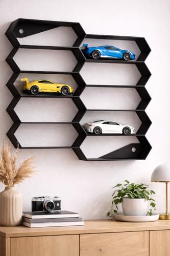 Image of 10-Car Hexagon Wall Rack Compatible with Hot Wheels Stand & 1:64 Die-Cast Cars | Stackable Wall Car Display Organizer with Side Guards & Screw Slot | Home & Office Decor (NO CAR INCLUDED)