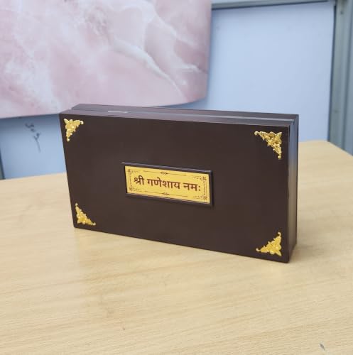 Image of ARNAVIRA Lalbaugcha Raja Ganpati Photo Frame with Charan Paduka Pocket Temple for Diwali Gift, House Warming Gifts, Return Gift Puja Box (Brown Photo, Lalbaugcha Raja Ganpati)