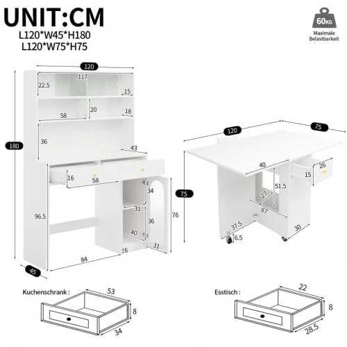 Set di mobili da cucina con tavolo da pranzo pieghevole, con vano portaoggetti, tavolo da bar su ruote, MDF bianco, 120 x 45 x 180 cm, per piccola cucina