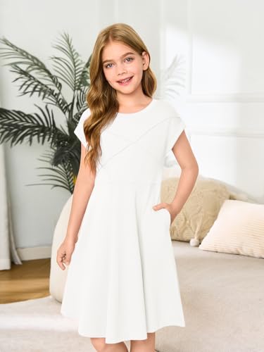 Haloumoning Girls Summer Short Sleeve Dresses Kids Pleated Skater Twirl A Line Dress with Pockets 5-14 Years2