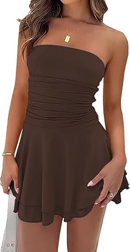 AIBUSIS Women's Mini Dress Summer Cocktail Tube Ruched Waist Ruffle Corset Party A-line Dresses
