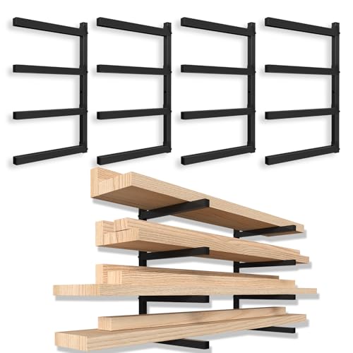mapleway 4 Pack Lumber Storage Rack, 4-Level Metal Wall Mount Wood Organizer for Indoor Outdoor Use, Garage Wood Rack for Workshop, Basement