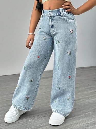 Milumia Girl's Floral Embroidery High Waist Denim Pants Straight Leg Loose Cute Jeans4
