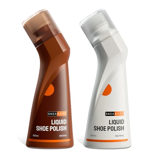 SNEAKARE Liquid Shoe Polish, 100 ml – Water-Based Formula with Spill-Proof Applicator (Pack Of 2, Brown And Neutral)