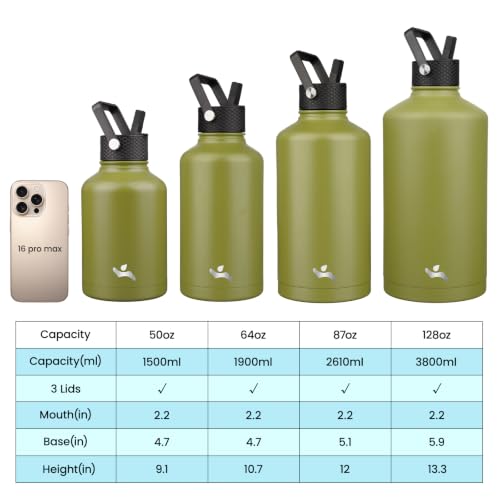 Image of Konokyo Insulated Water Bottle with Straw,50 oz 3 Lids Water Jug with Carrying Bag,Paracord Handle,Double Wall Vacuum Stainless Steel Metal Flask,Forest Green
