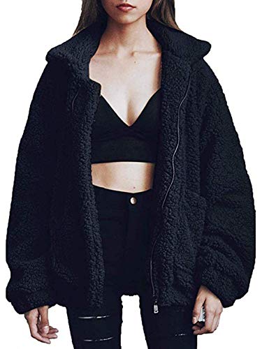 UNYU Manteau d'hiver pour Femme en Fausse Mouton avec Fermeture Éclair Noir Taille XXL