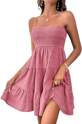 Image of HVEPUO Women Spaghetti Strap Sleeveless Smock Cami Mini Dress Summer Vacation Flowy Boho A Line Swing Short Dresses for Women