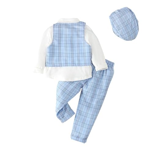 Lito Angels Gentleman Hochzeit Festliche Kariert Weste Anzug Set mit Hut für Kinder Jungen Größe 7 Jahre 122/128, Blau