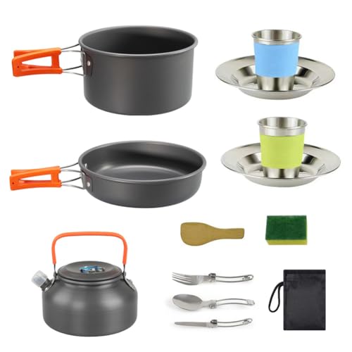 Hapihom 15 PCS Camping Cookware Set, Non-Stick Aluminum Alloy Pot Pan Kettle Set With Cups Plates Forks Knives Spoons for Camping Trekking Picnic Hiking Orange