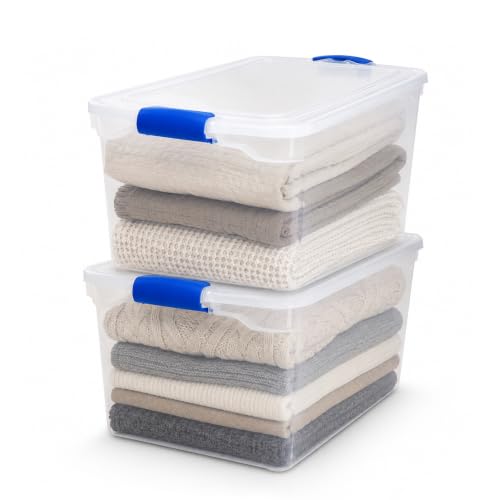 HOMZ 2-Pack Latching Lid, Large Clear Plastic Storage Bins with Lids, 66 Quart, Blue Latch...