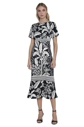 Image of Maggy London Women's Floral Leaf Print Midi Dress for Women - Flutter Sleeve, Fitted Waist, Flounced Hem, Work Dresses for Women