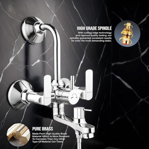 Image of Donald Series 3-in-1 Wall Mixer Set | Pure Brass Bathroom Mixer with 8x8 Inch Overhead Rain Shower, Multi-Flow Hand Shower & 1.5m Hose Pipe | Chrome Finish | Complete Shower System