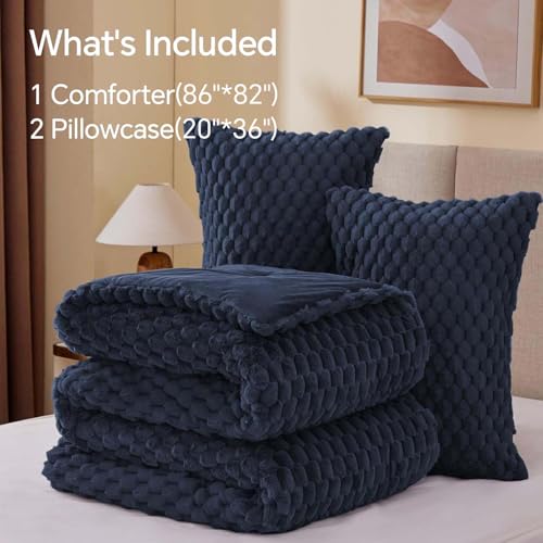 BEDELITE Fluffy Full Size Comforter Set - Navy Fleece Soft Comforter for Full Size Bed, Luxury Warm Bedding Set for Winter, Fuzzy Bed Set 3 Pieces (1 Comforter, 2 Pillowcases)