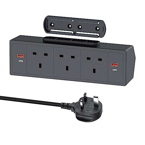 Desk Power Socket with USB C, Haiaoyyds Under Desk Power Strip with 3 UK Plugs, 2 USB C Ports, and 2 USB A Ports, Connect 3M Extension Cord, Comes with Adhesive Tape and Screws