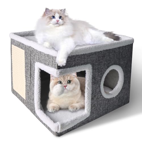 Niche pour chat pliable protège meubles avec tapis à gratter et couchage double
