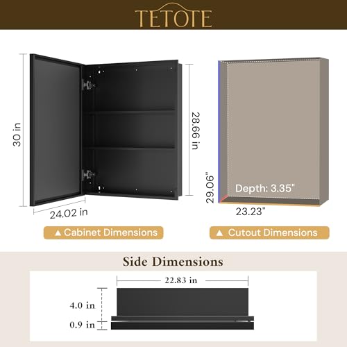 TETOTE 24" x 30" Medicine Cabinet Mirror Fully Assembled Black Bathroom Mirror with Storage Adjustable Shelves Tempered Beveled Mirror, Surface Wall-Mounted or Recessed by TETOTE - Used condition - Image 2