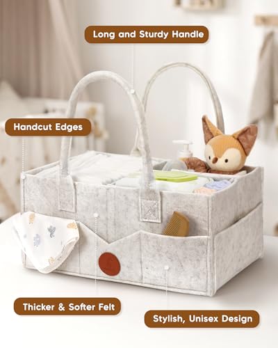 Image of Maliton Felt Diaper Caddy Organizer for Changing Table - Large, White | 15x9x7 inch Portable Nursery Storage Bin and Car Organizer for Diapers, Wipes. Boy & Girl Shower Gift Basket, Baby Essentials