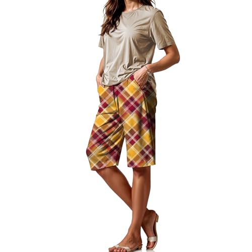 Xernbit Plaid Graphic Shorts for Women Fashion Casual Drawstring Elastic Waist Bermuda Shorts Summer Beach Vacation Short Pants Lightweight Loose Yellow Pink 3XL