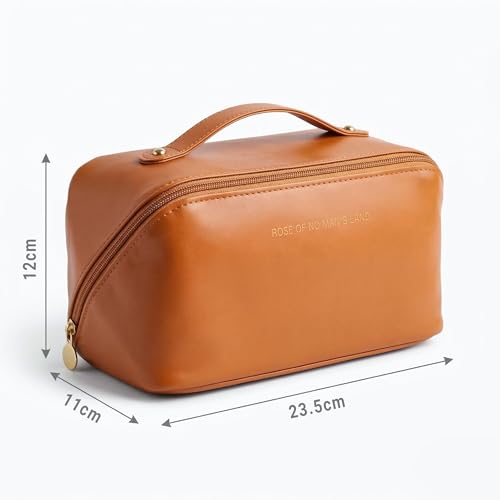 Image of Cosmetic Bag for Women, PU Leather Makeup Pouch, Large Capacity Travel Makeup Organizer with Divider & Handle, Waterproof Portable Vanity Storage Bag for Toiletries (Brown)