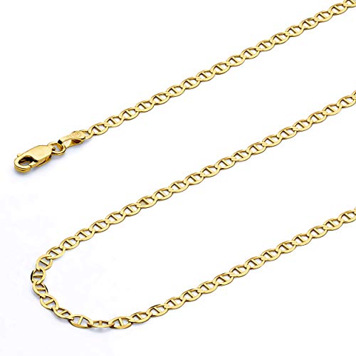 The World Jewelry Center 14k REAL Yellow/Two Tone Gold Solid 7.5mm, 6.5mm, 5.5mm, 4.5mm, 3.5mm, 2.5mm, 2mm, 1.5mm Flat Mariner White Pave Chain Necklace with Lobster Claw Clasp