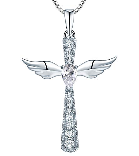 YL Cross Necklace 925 Sterling Silver Angel Wings Pendant Teardrop Birthstone Criss Jewelry for Women