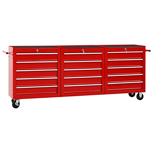 Susany Werkzeugwagen mit 15 Schiebeschubladen Aufbewahrungswagen mit Griff Werkzeugschrank Kratzfeste Oberfläche Rollwagen Werkzeugkiste Werkstattwagen Stahl Rot