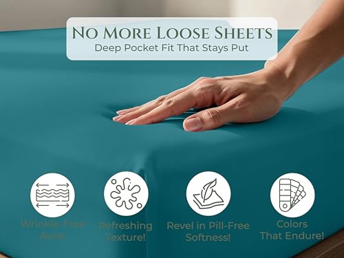 Image of Royale Linens 100% Organic Cotton Full Fitted Sheet Only - Percale Weave - Super Soft Deep Pocket Bottom Sheets - Teal Elastic Sheet - Full Size Fitted Sheets Only - (54 inchx75 inch+15 inch, Teal)