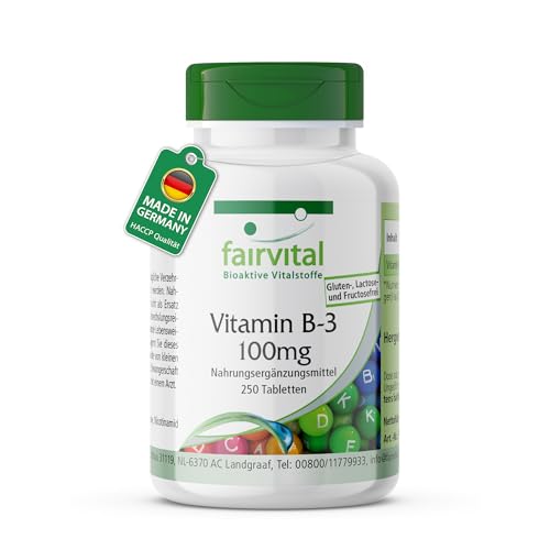 fairvital Vitamin B3 Niacin 100mg 250 Tabletten schluckfreundlich HOCHDOSIERT VEGAN Nicotinamid