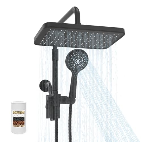 Dual Shower Head with Handheld,Filtered Shower Head with Adjustable Extension Arm,12 Inch High Pressure Rainfall Combo,Water Softener for Hard Water,Skin & Hair Care,Black